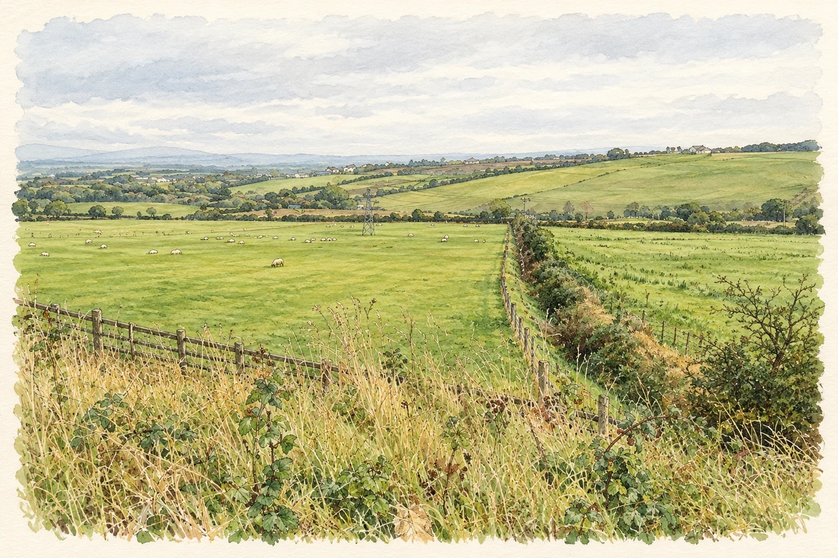 Watercolour and fine ink illustration of Farmland at Knockbrack, viewed northeast from the N56 in 2012.