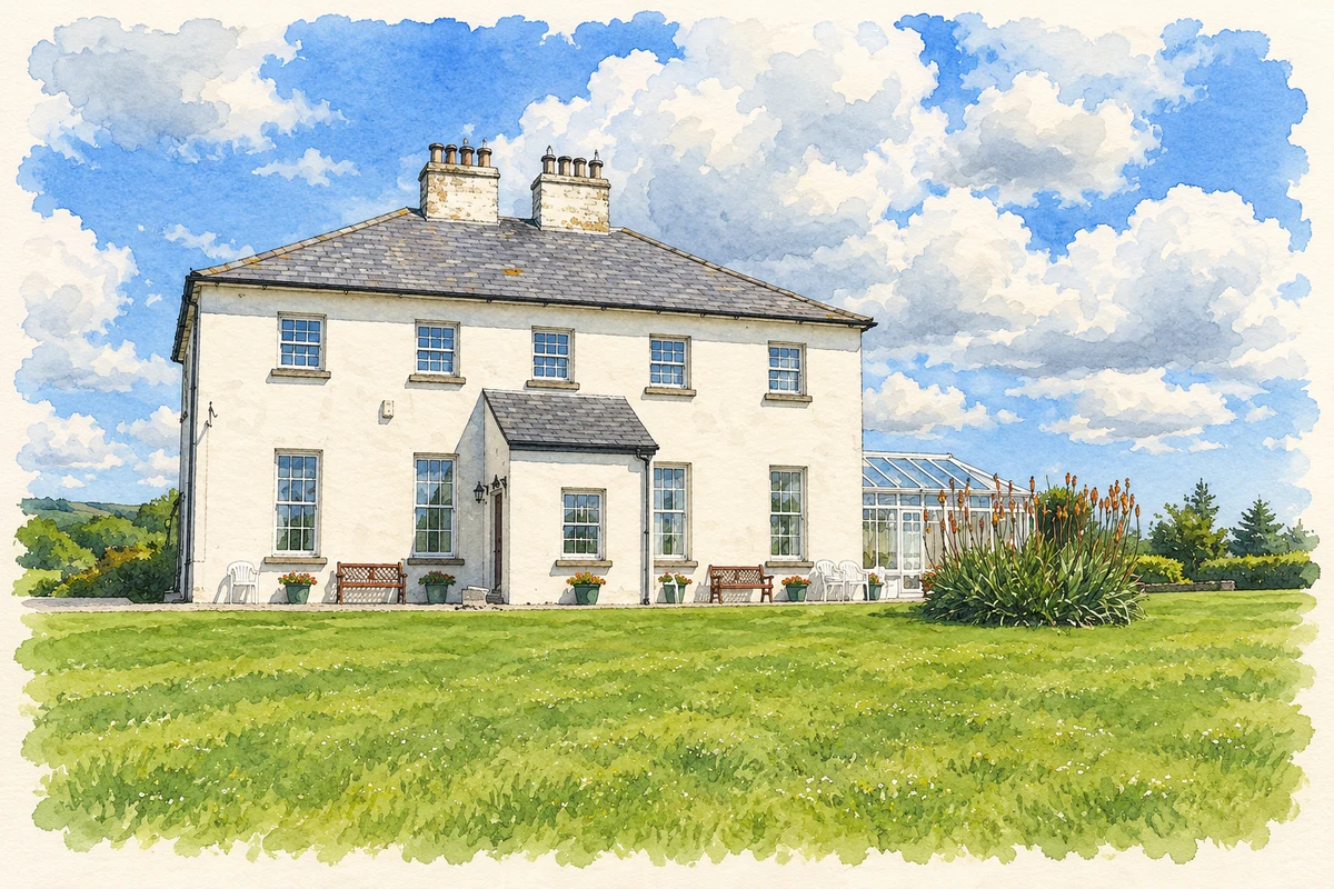 Watercolour and fine ink illustration of Loreto House at Linsfort, as photographed in 2009.