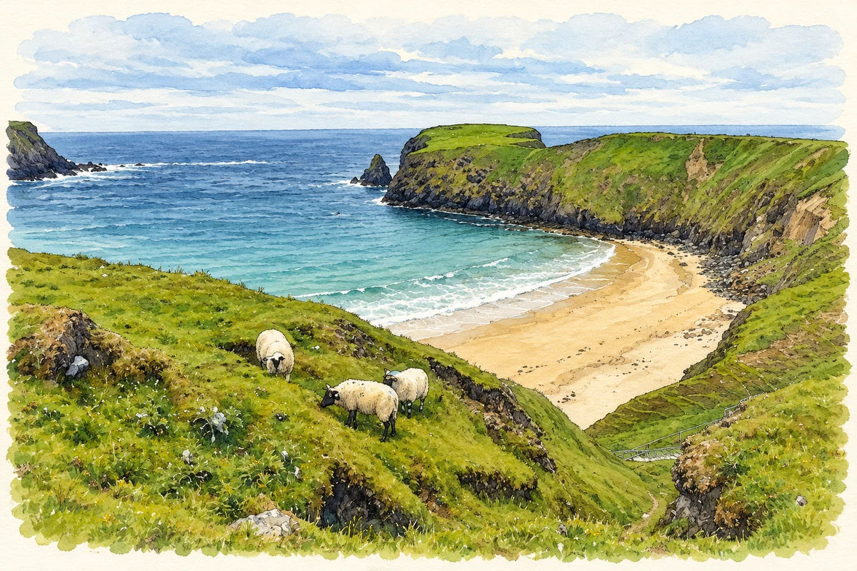 Watercolour and fine ink illustration of Silver Strand at Malin Beg, as photographed in June 2017.