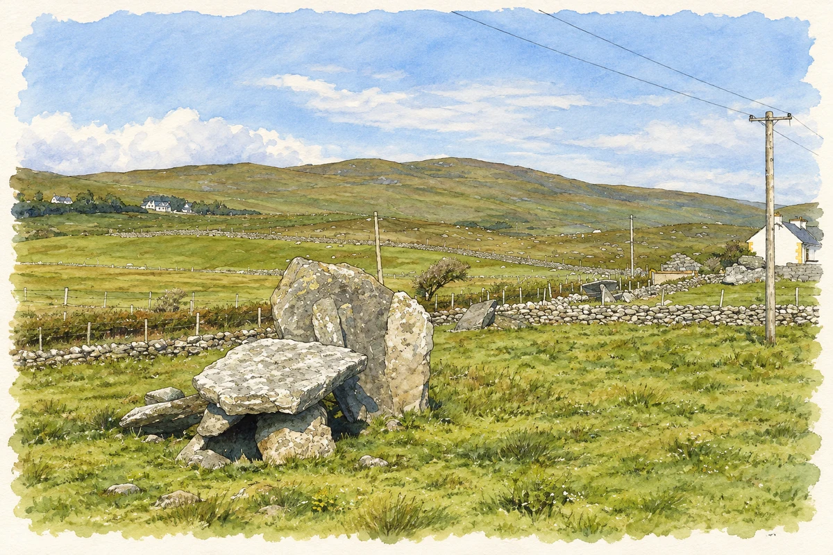 Watercolour and fine ink illustration of The portal tombs at Malin More, as photographed in July 2000.