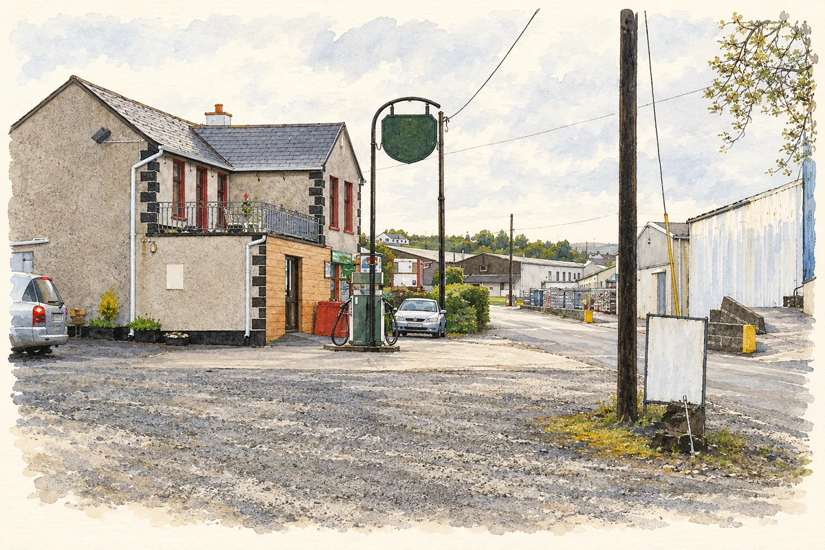Watercolour and fine ink illustration of O’Donnell’s bar and petrol forecourt at Meenaneary, as photographed in June 2007.