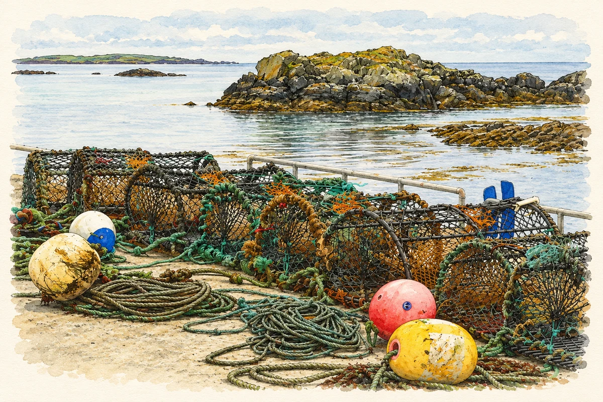 Watercolour and fine ink illustration of Fishing pots and floats on Rosbeg Pier, County Donegal, as photographed in September 2005.