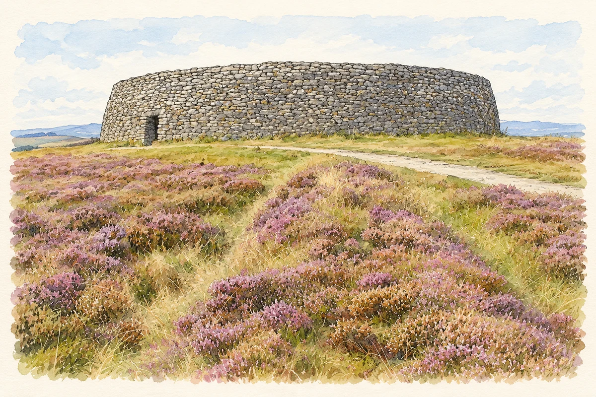 Watercolour and fine ink illustration of The restored stone cashel of Grianán of Aileach at Speenoge, as photographed in August 2003.
