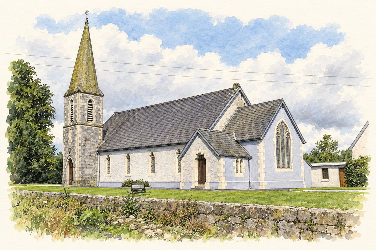 Watercolour and fine ink illustration of Saint John’s Church, Kilteevogue, near Welchtown, as photographed in July 2007.
