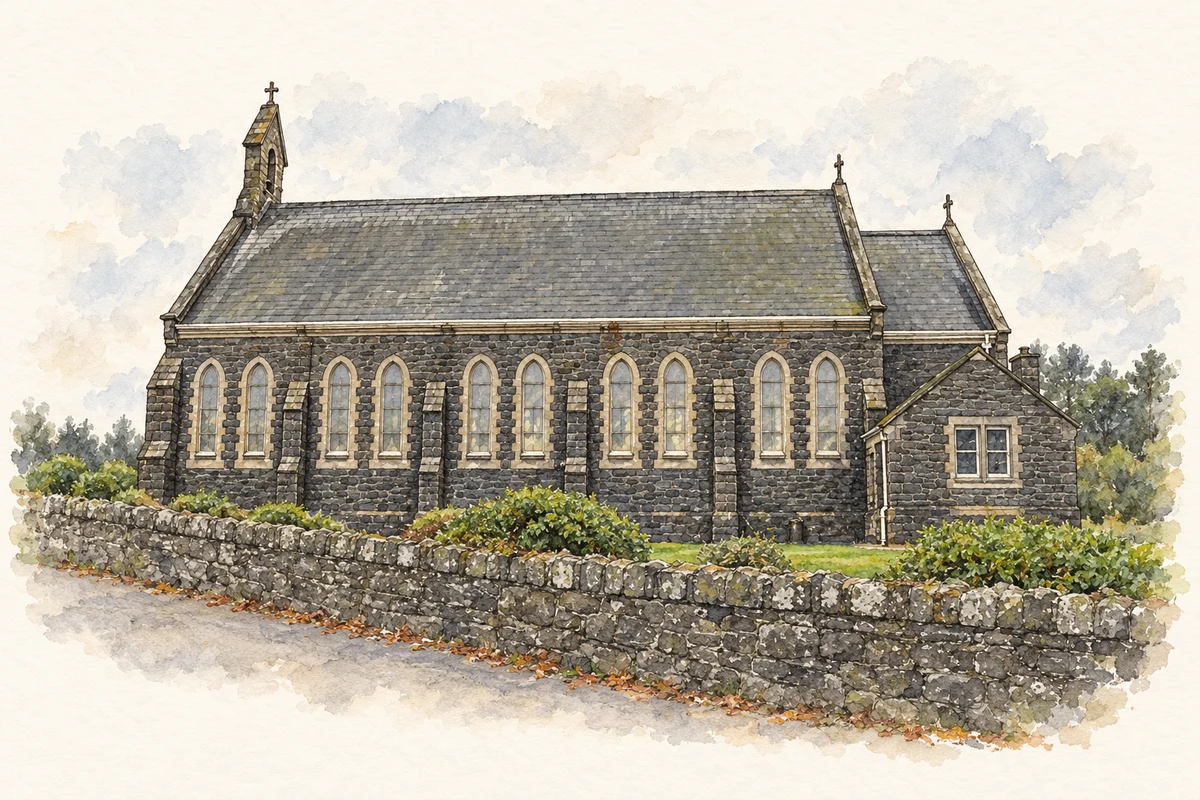 Watercolour and fine ink illustration of Holy Family Church, Teconnaught, near Annacloy, County Down.