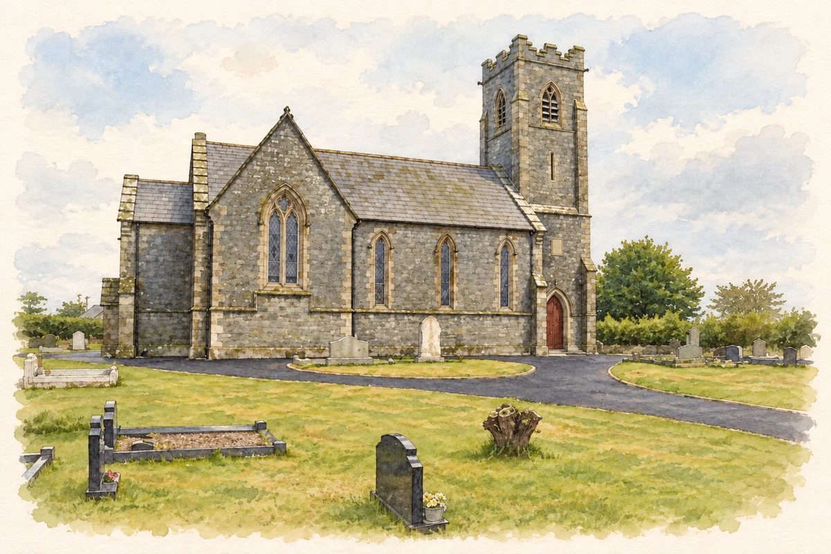 Watercolour and fine ink illustration of Christ Church, Kirkistown, parish of Ardkeen, County Down.