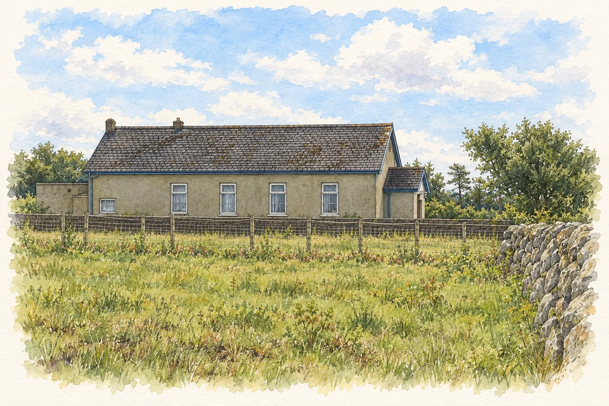 Watercolour and fine ink illustration of Ballinran Orange Hall, near Ballinran.