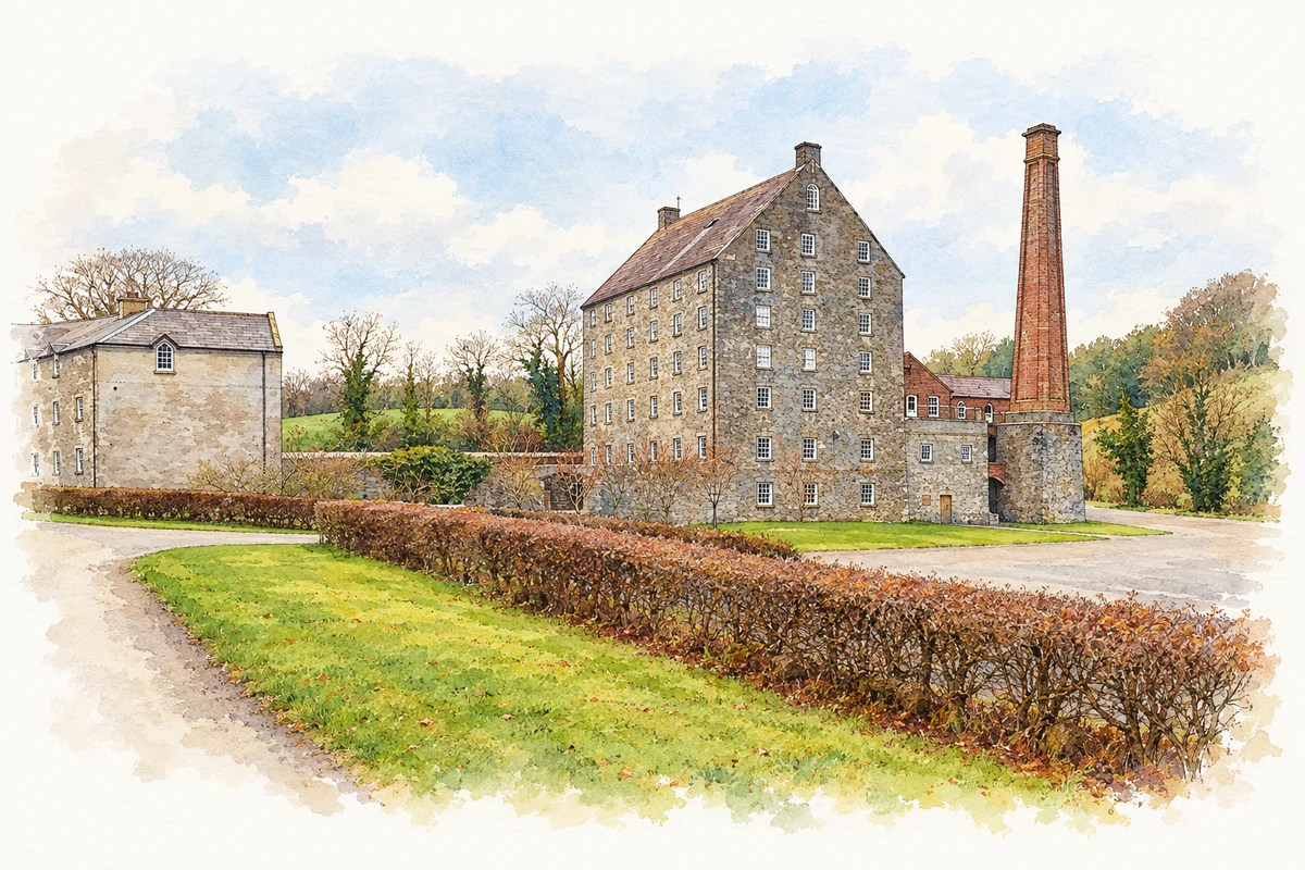 Watercolour and fine ink illustration of Ballydugan Mill, County Down.