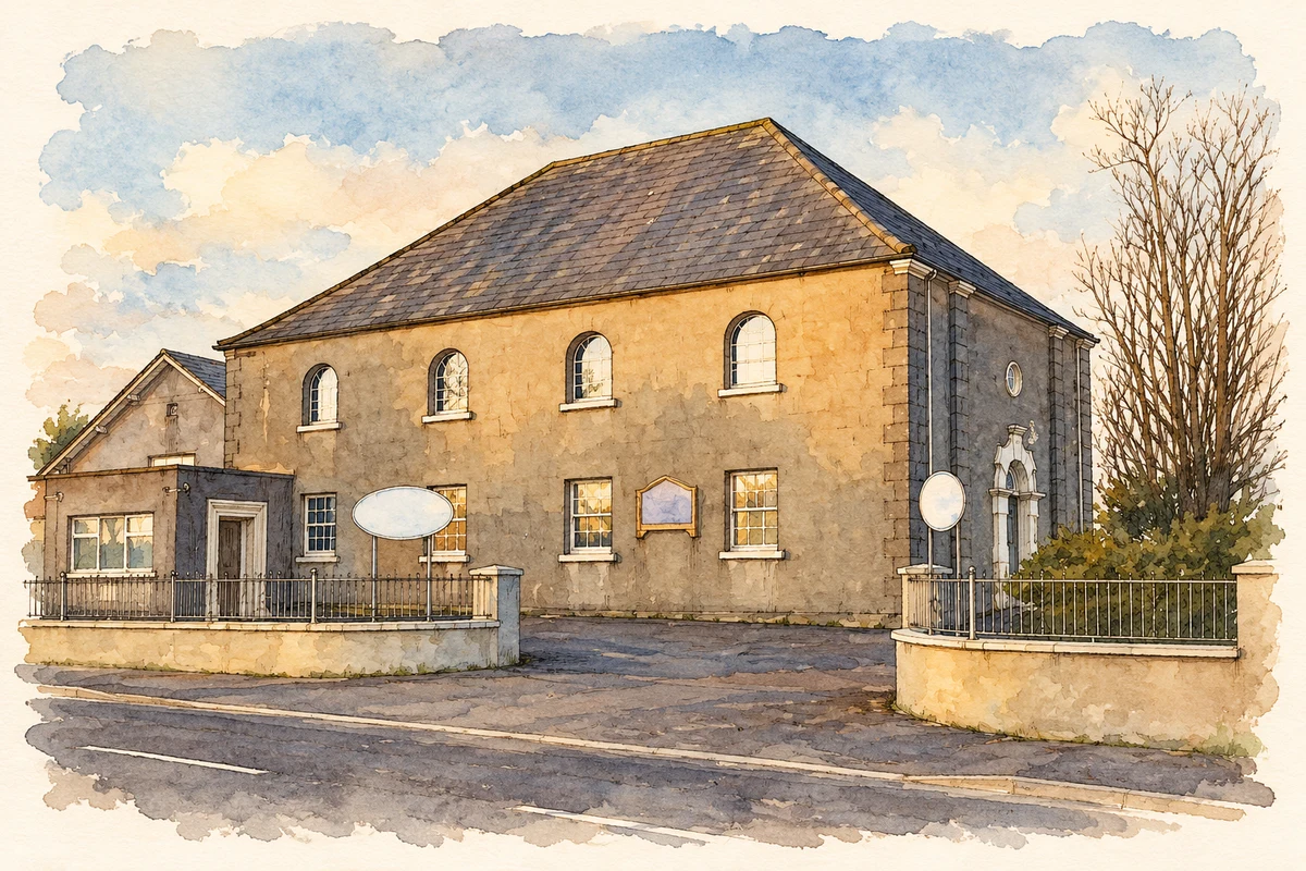 Watercolour and fine ink illustration of Ballygrainey Presbyterian Church, County Down.