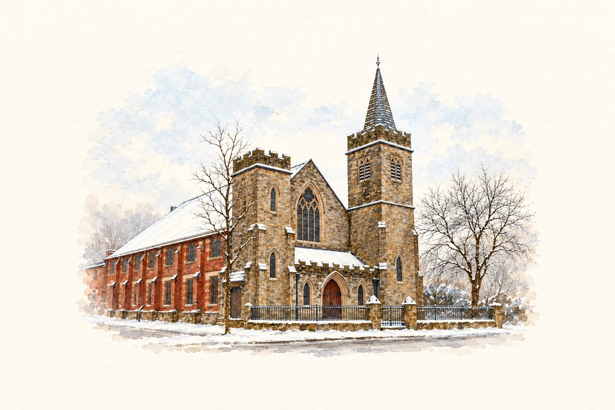 Watercolour and fine ink illustration of Kirkpatrick Memorial Presbyterian Church, Ballyhackamore, Belfast.
