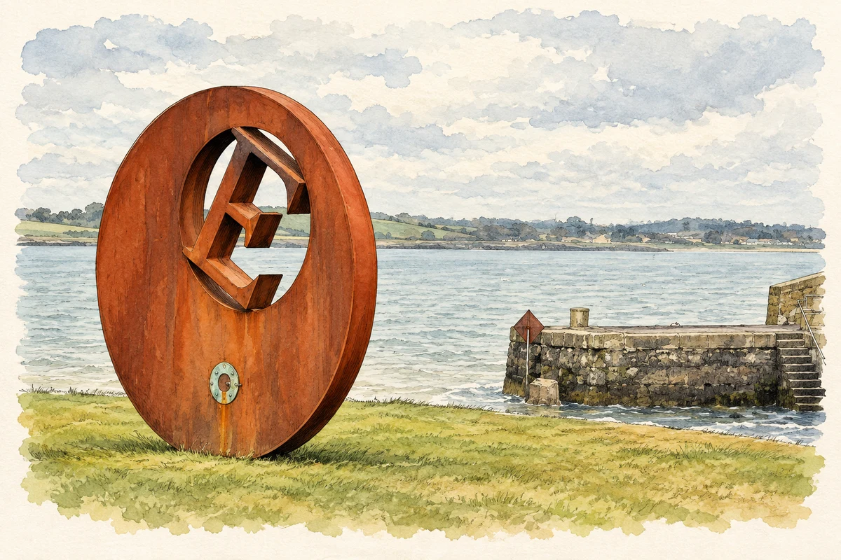Watercolour and fine ink illustration of E sculpture, Ballyhalbert harbour.