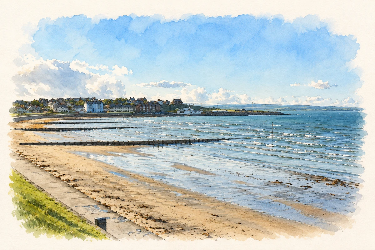 Watercolour and fine ink illustration of Ballyholme Beach, Bangor.