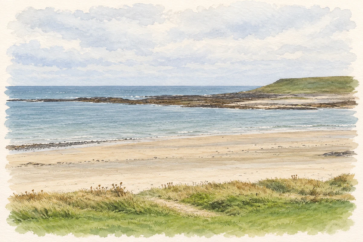 Watercolour and fine ink illustration of Ballyhornan beach and Guns Island.