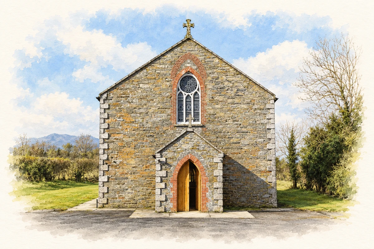 Watercolour and fine ink illustration of St Malachy's Church, Ballykilbeg.