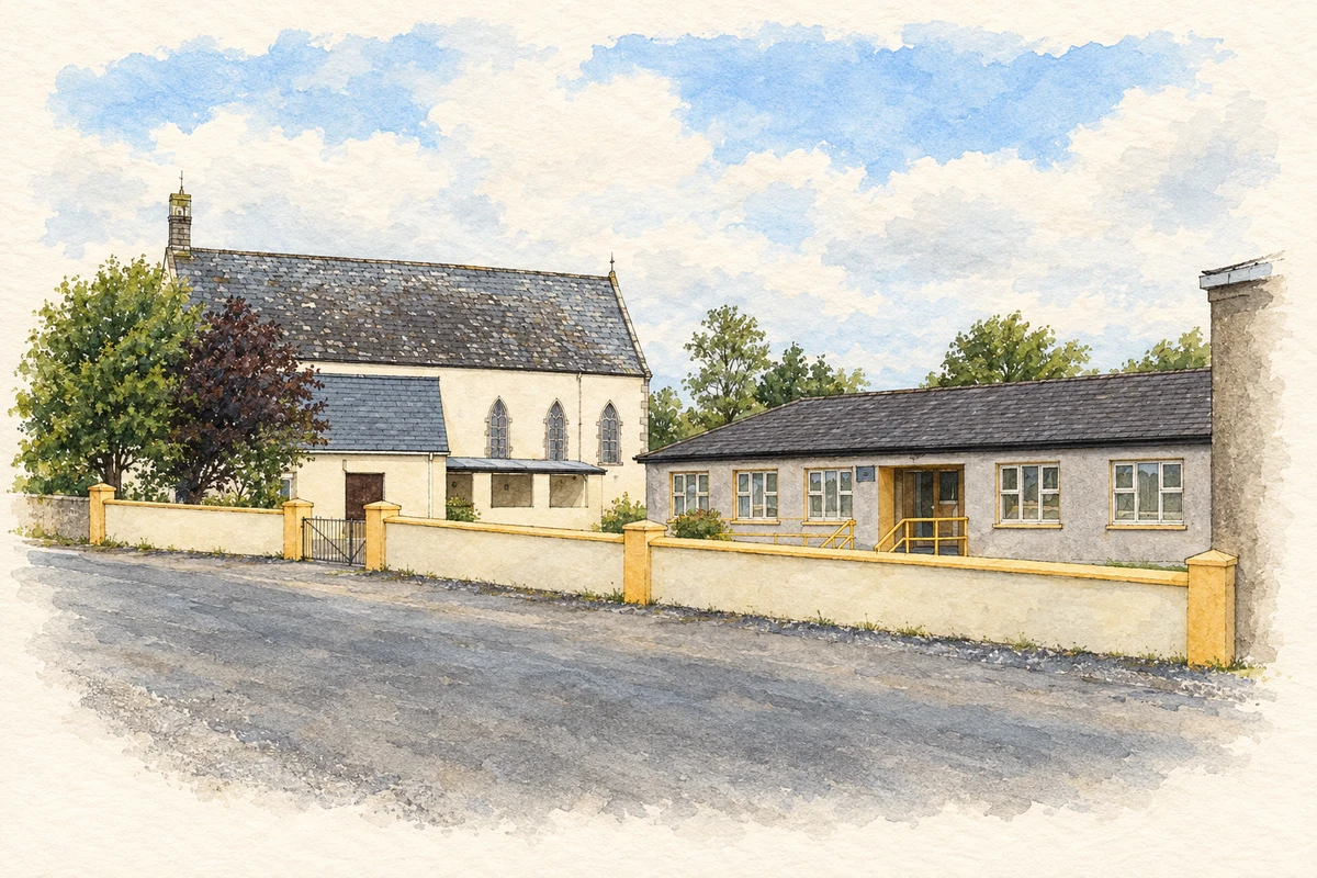 Watercolour and fine ink illustration of Church and school, Bohermore, 2010.