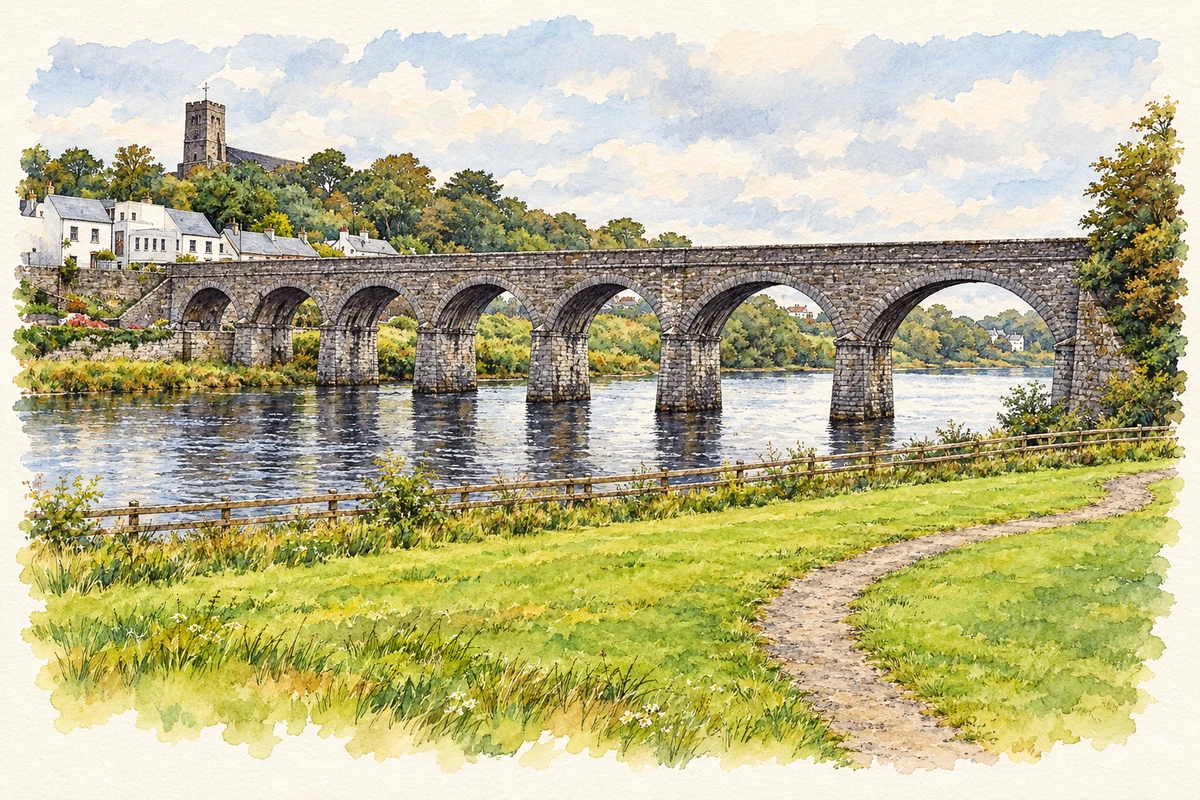 Watercolour and fine ink illustration of Seven Arches railway viaduct, Newport, County Mayo.