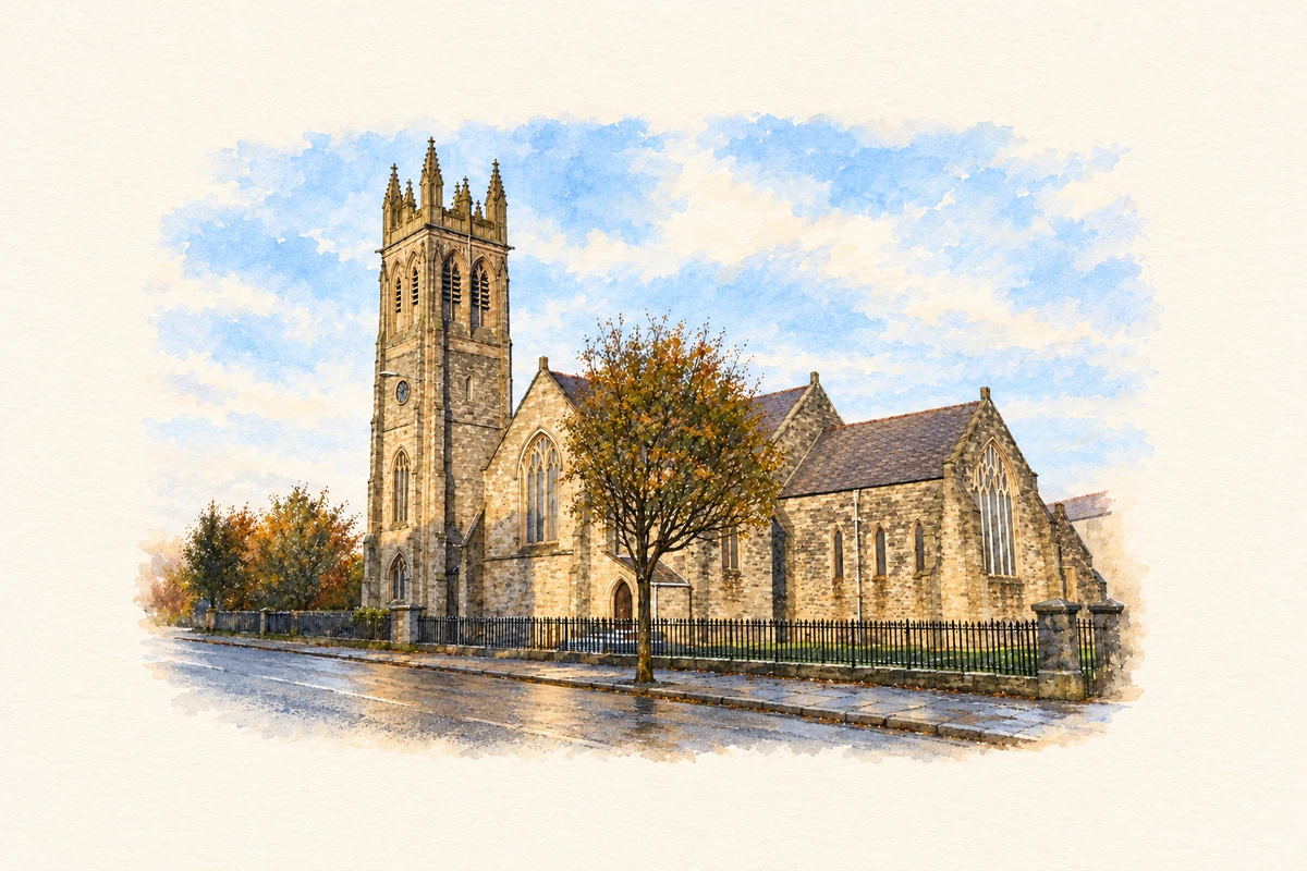 Watercolour and fine ink illustration of Saint Patrick's Church of Ireland, Ballymacarrett.
