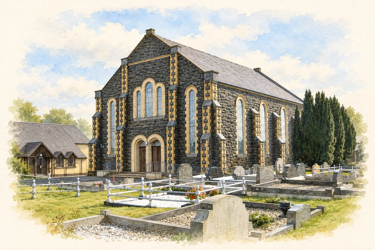Watercolour and fine ink illustration of Donacloney Presbyterian Church, Ballynabragget.