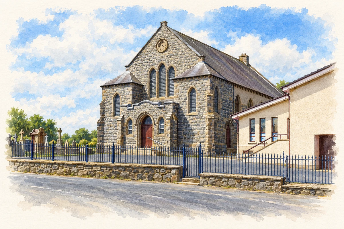 Watercolour and fine ink illustration of Ballyroney Presbyterian Church.