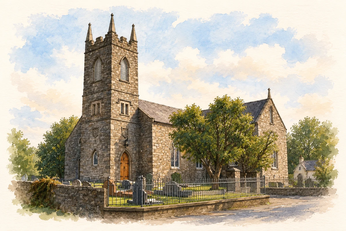 Watercolour and fine ink illustration of Drumgooland Parish Church, Ballyward.
