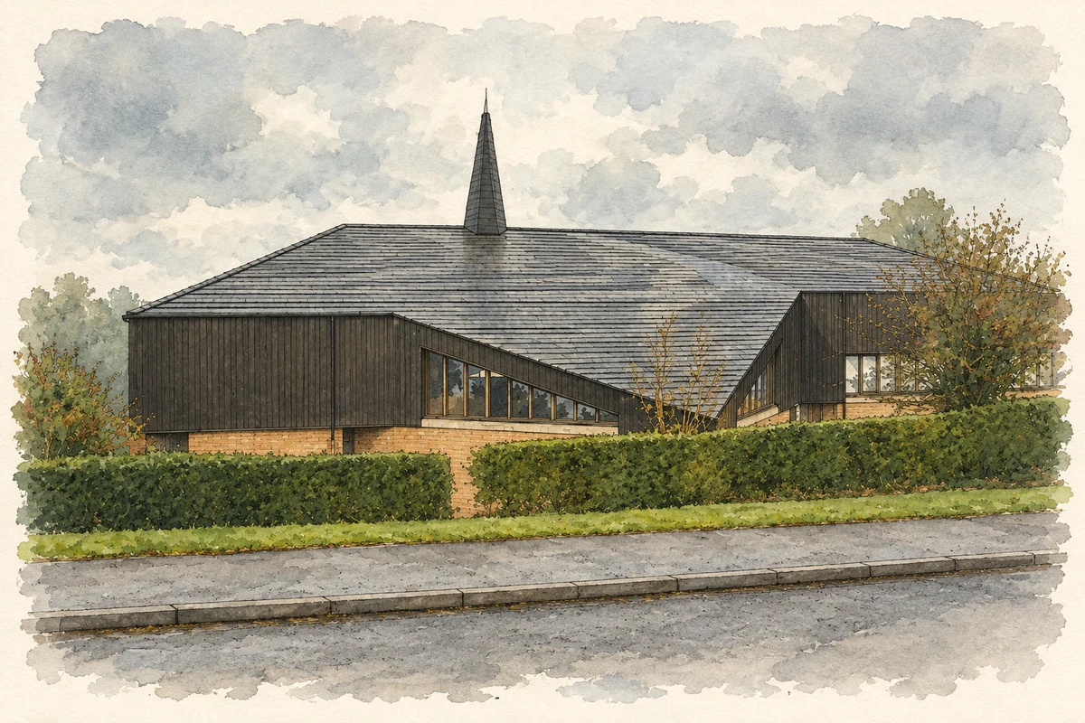 Watercolour and fine ink illustration of Braniel Church, East Belfast, County Down.