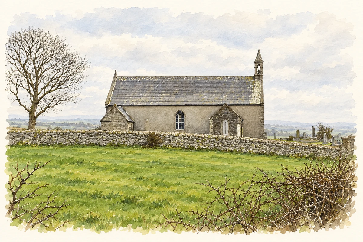 Watercolour and fine ink illustration of Bright Parish Church, County Down.