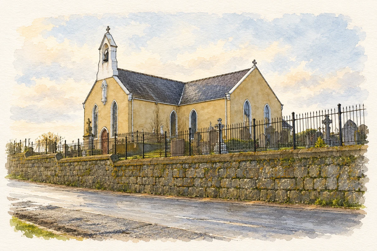 Watercolour and fine ink illustration of St Mary Chapel, Burren, County Down.