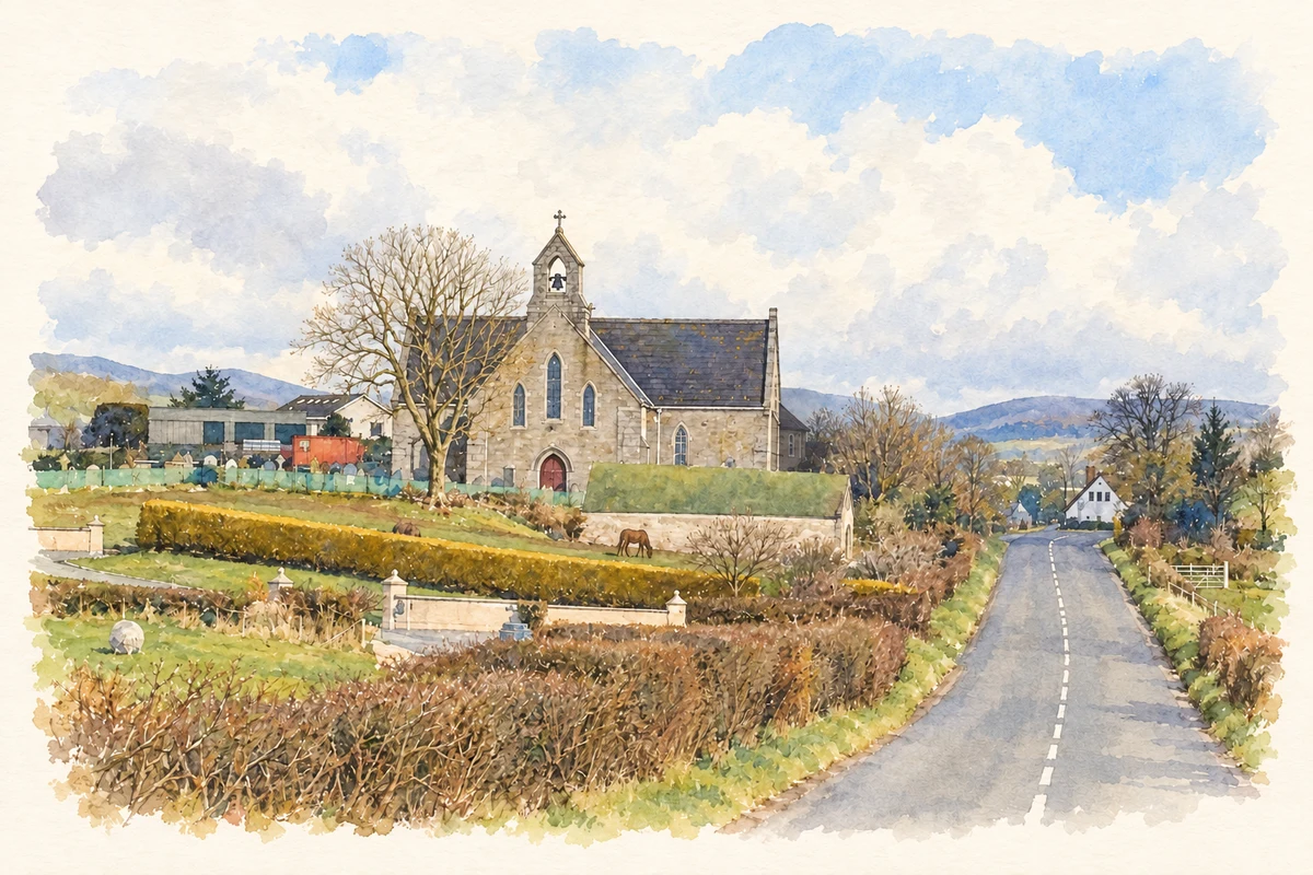 Watercolour and fine ink illustration of Saint Mary’s Chapel, Cabragh (Cabra), County Down.
