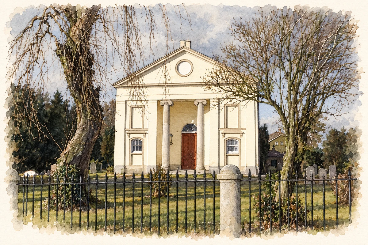 Watercolour and fine ink illustration of Clough Non-Subscribing Presbyterian Church, County Down.