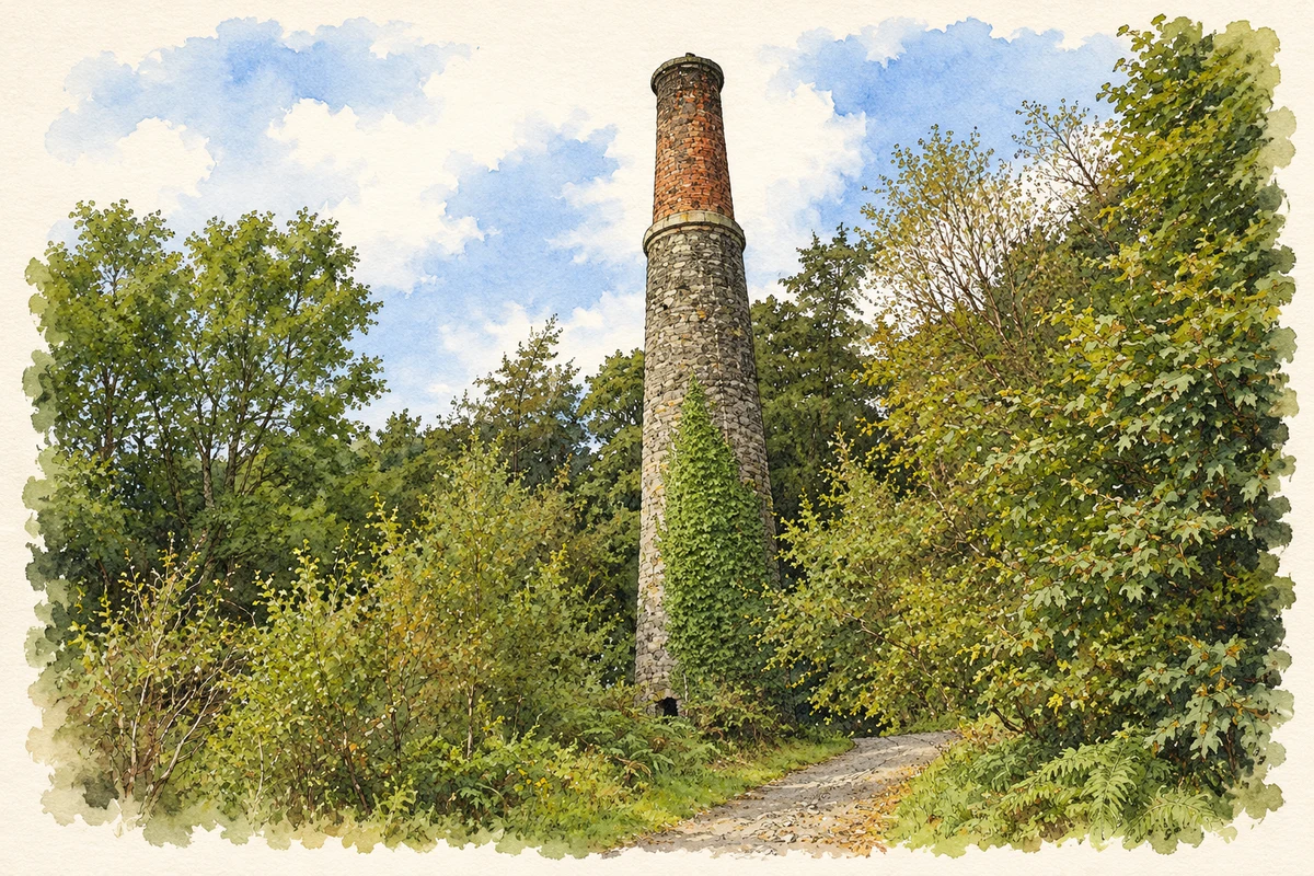 Watercolour and fine ink illustration of Lead-mine chimney at Whitespots, near Conlig.