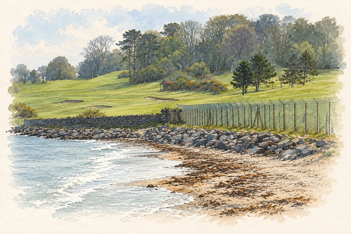Watercolour and fine ink illustration of Royal Belfast golf course and shore at Craigavad.