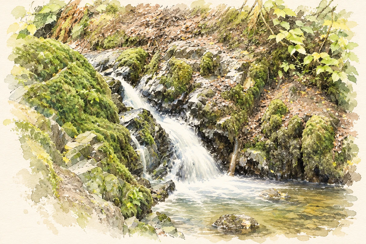 Watercolour and fine ink illustration of Waterfall in Cregagh Glen.