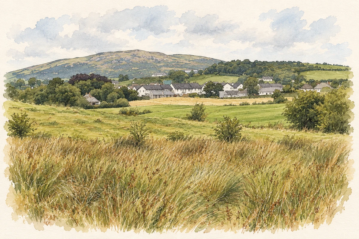 Watercolour and fine ink illustration of Deehommed Mountain viewed from near Moneyslane.