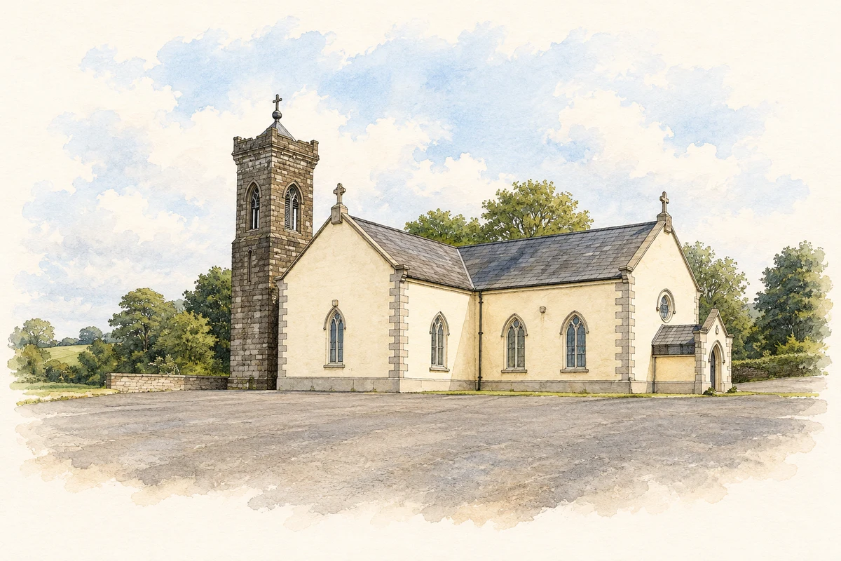 Watercolour and fine ink illustration of Saint Colman’s Church, Dunmore, as photographed in2016.
