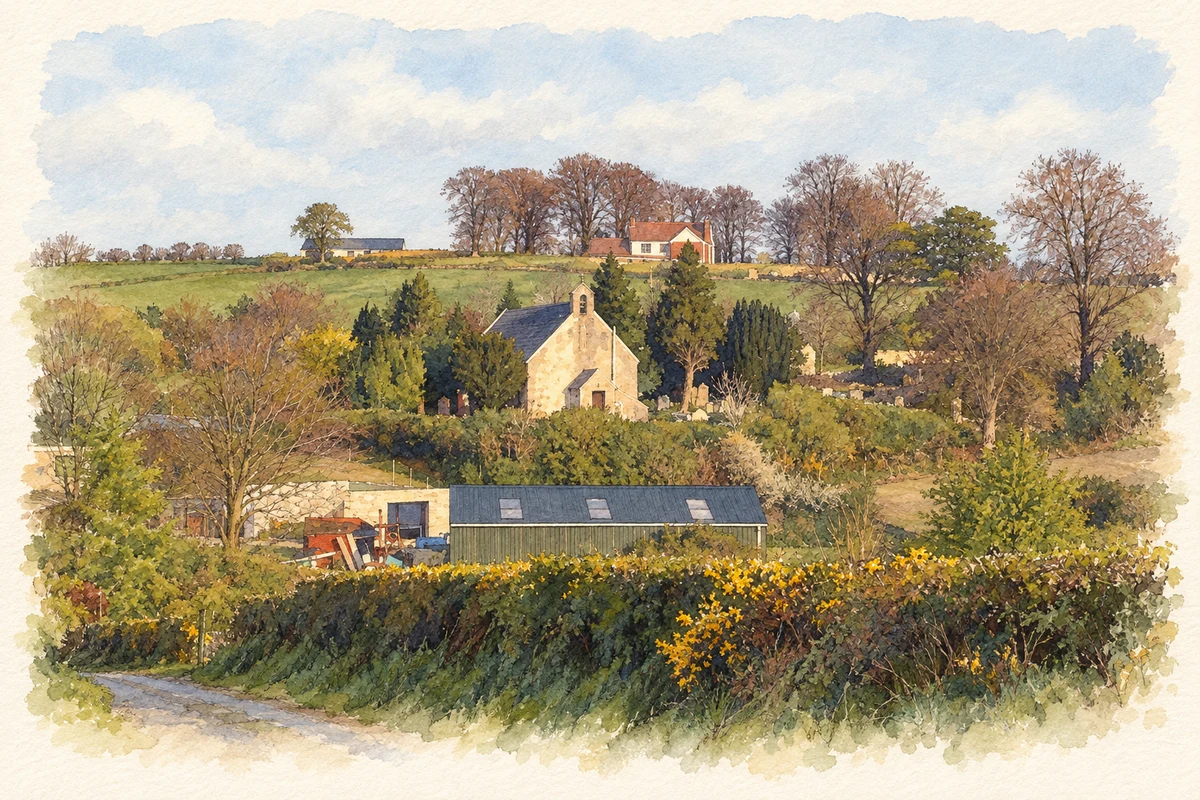 Watercolour and fine ink illustration of Rural setting of Garvaghy Parish Church near Garvaghy, County Down, as photographed in 2009.