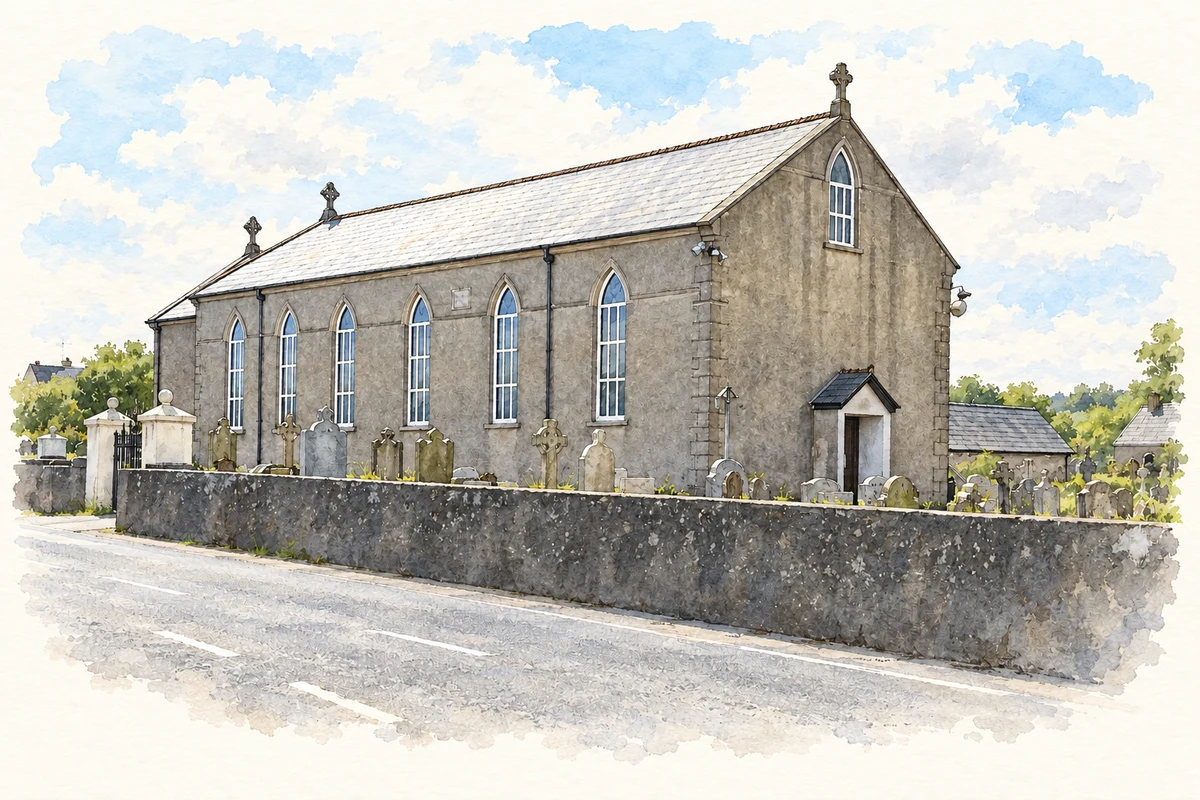 Watercolour and fine ink illustration of Saint Mary’s Chapel near Glasdrumman, as photographed in 2011.