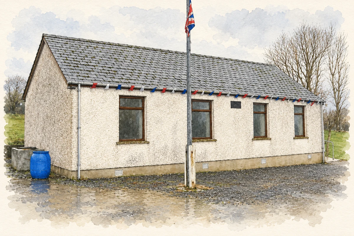 Watercolour and fine ink illustration of Gransha Orange Hall near Gransha, as photographed in 2005.