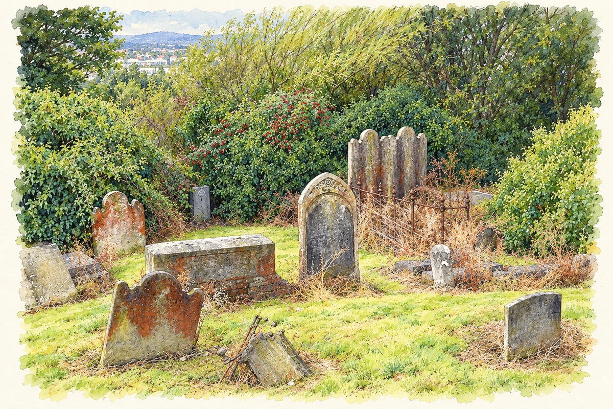 Watercolour and fine ink illustration of Knock Burial Ground in east Belfast, as photographed in 2011.