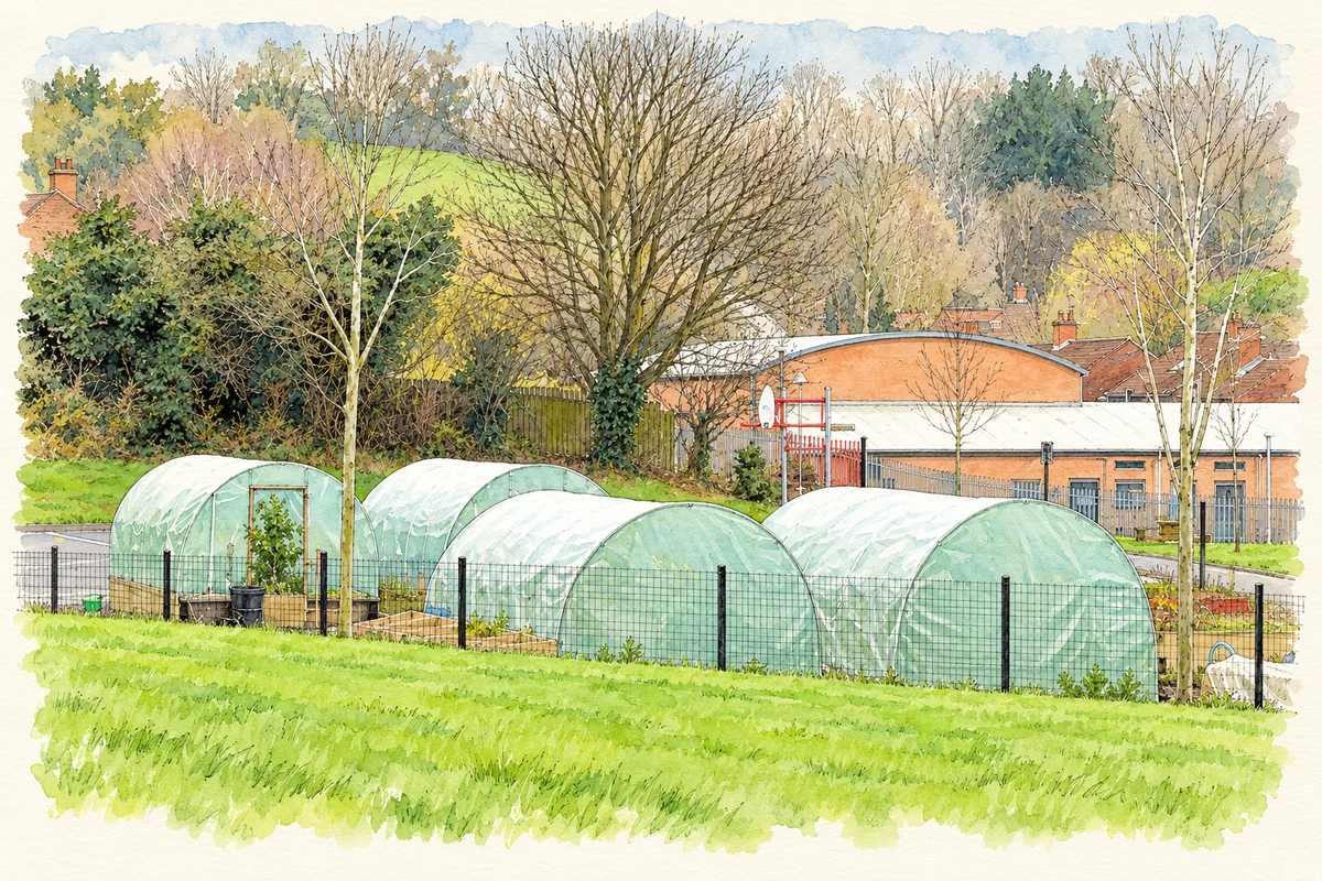 Watercolour and fine ink illustration of Knocknagoney Community Garden in Belfast, as photographed in 2014.