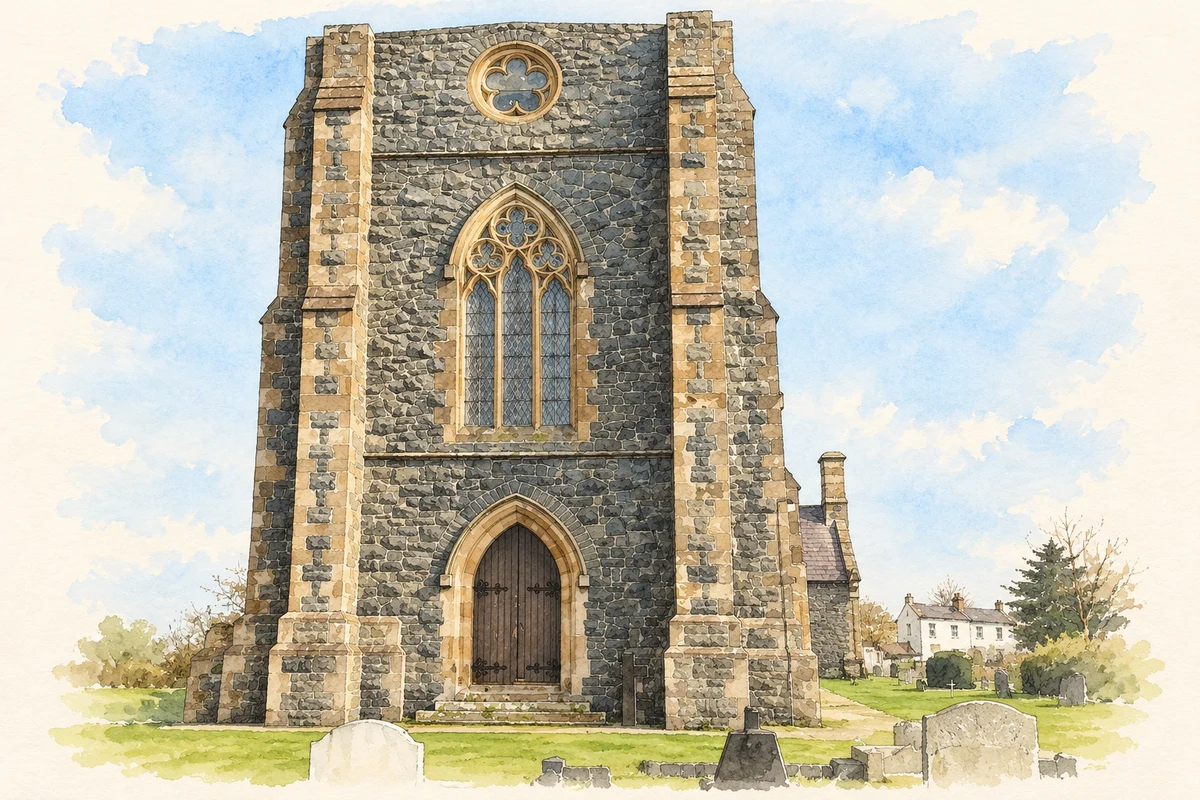 Watercolour and fine ink illustration of The tower of Saint Patrick’s Church near Legamaddy, as photographed in 2011.
