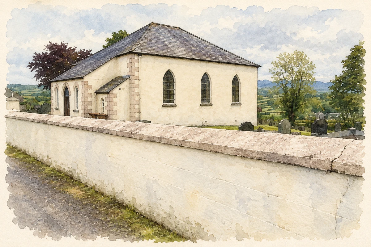 Watercolour and fine ink illustration of Leitrim Presbyterian Church, Benraw Road, County Down.