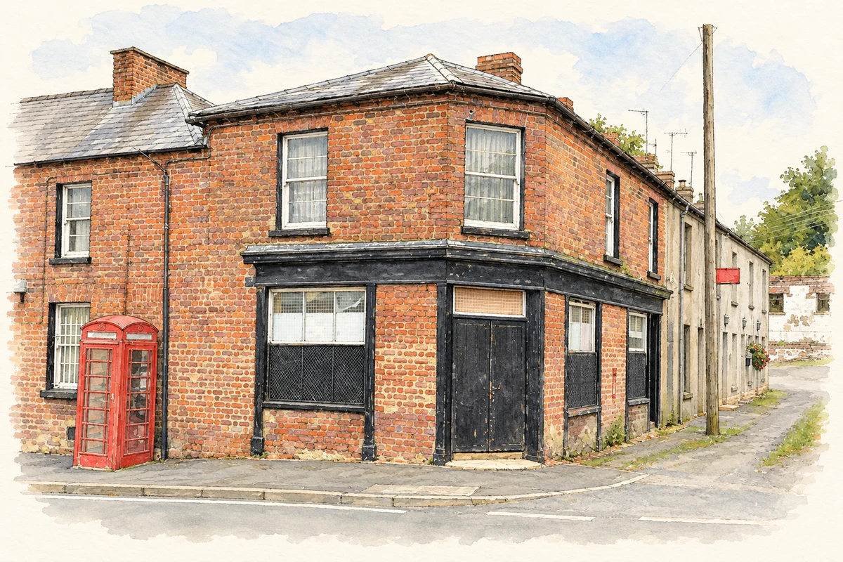 Watercolour and fine ink illustration of The former post office at Lenaderg, as photographed in 2013.