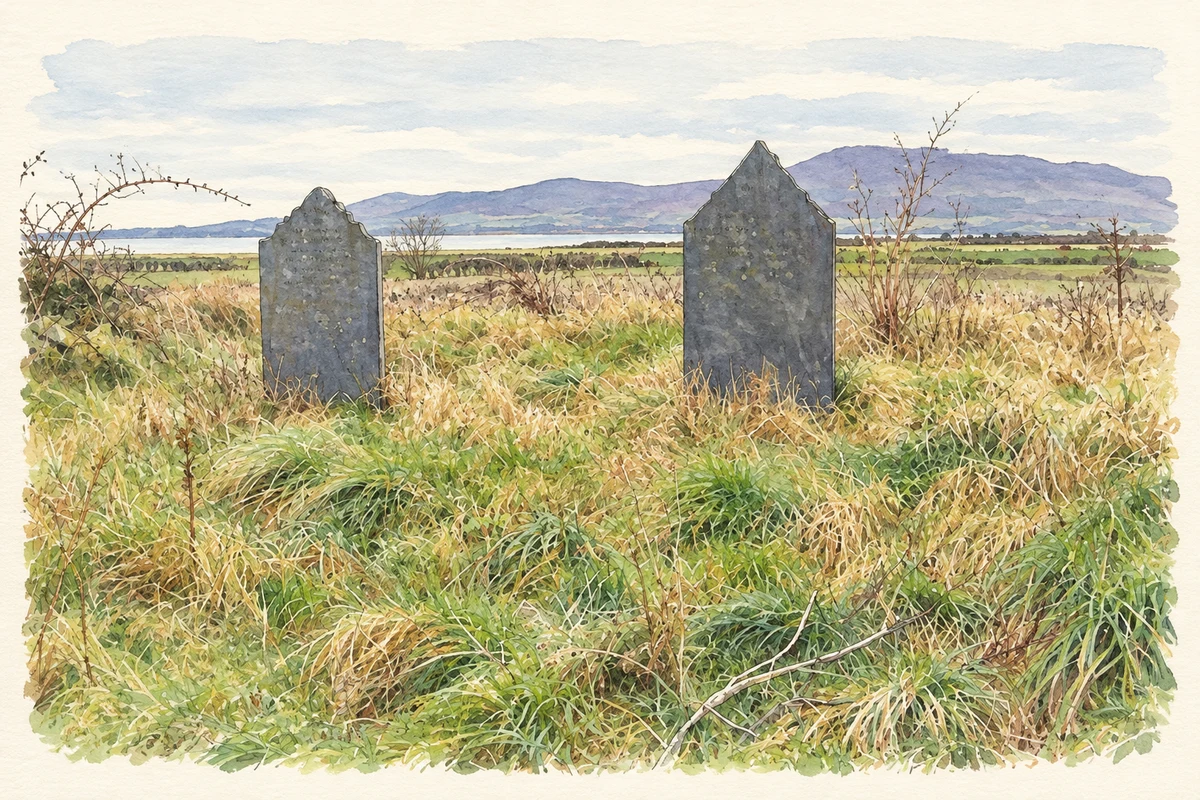 Watercolour and fine ink illustration of Lisnacree graveyard, as photographed in January 2009.