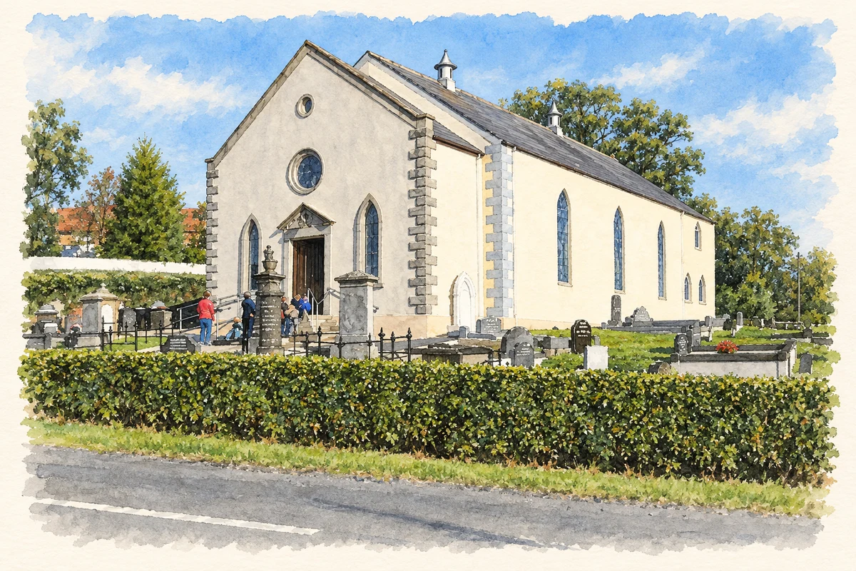 Watercolour and fine ink illustration of Legacurry Presbyterian Church near Lisnastrean, as photographed in 2005.