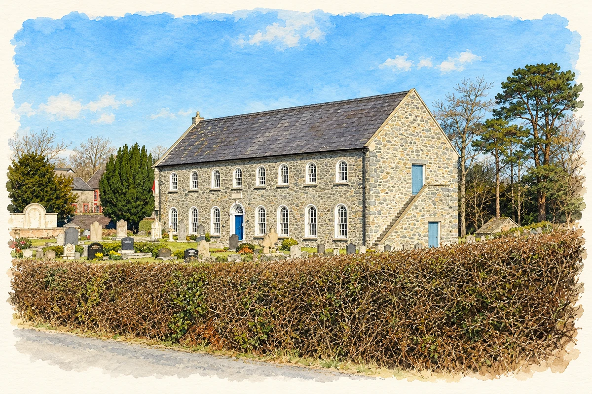 Watercolour and fine ink illustration of Rademon meeting house near Listooder, as photographed in 2008.
