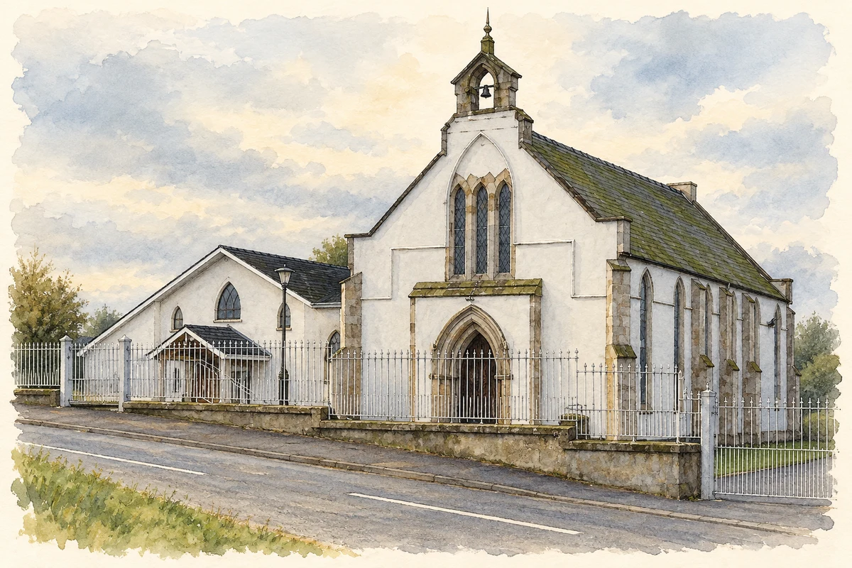 Watercolour and fine ink illustration of Maze Presbyterian Church and hall, County Down.