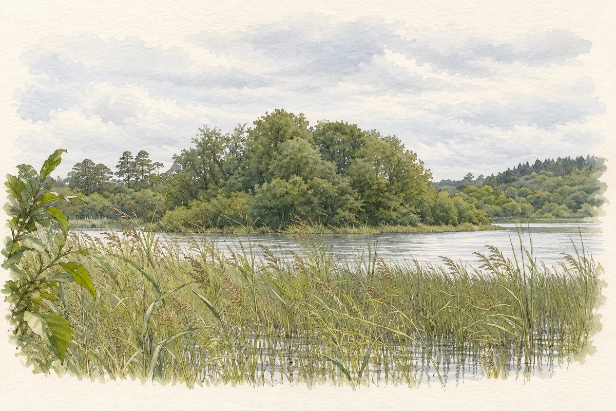 Watercolour and fine ink illustration of Wooded island on Ballygawley Lough near Ballygawley, County Sligo.