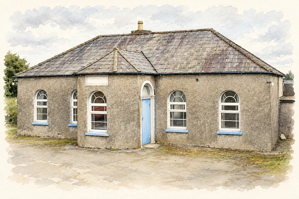 Watercolour and fine ink illustration of The former National School at Moneyrea, as photographed in July 2014.