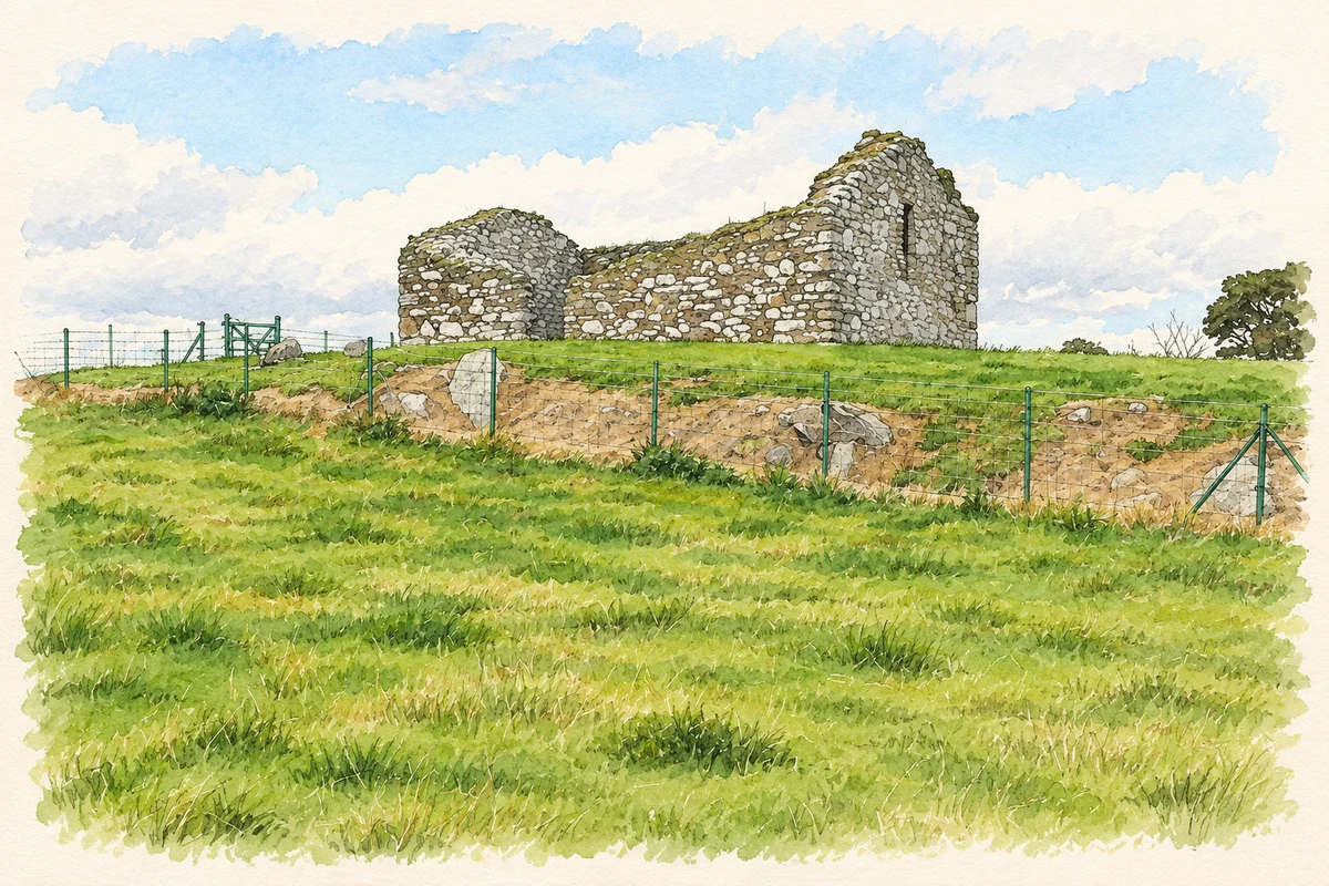 Watercolour and fine ink illustration of The surviving walls of Raholp Church, County Down, as photographed in September 2007.