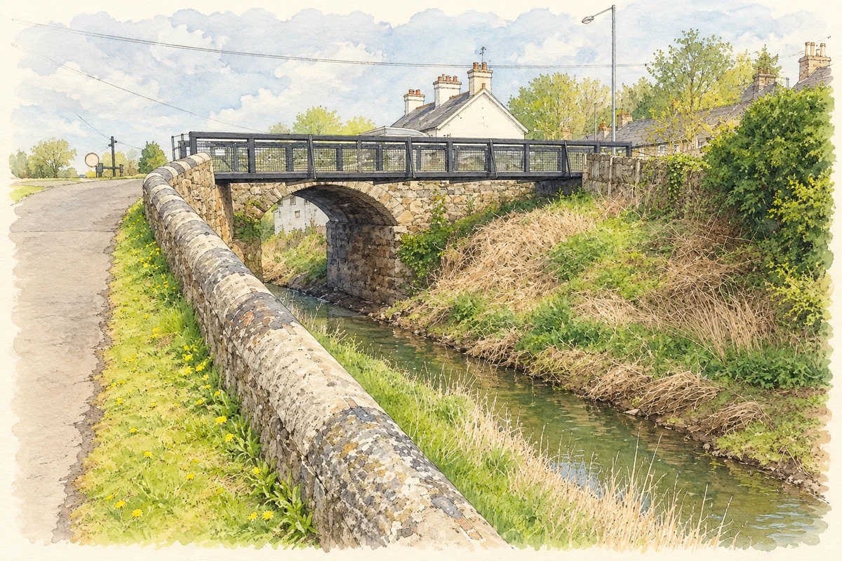 Watercolour and fine ink illustration of Canal Bridge at Scarva, County Down, as photographed in April 2019.